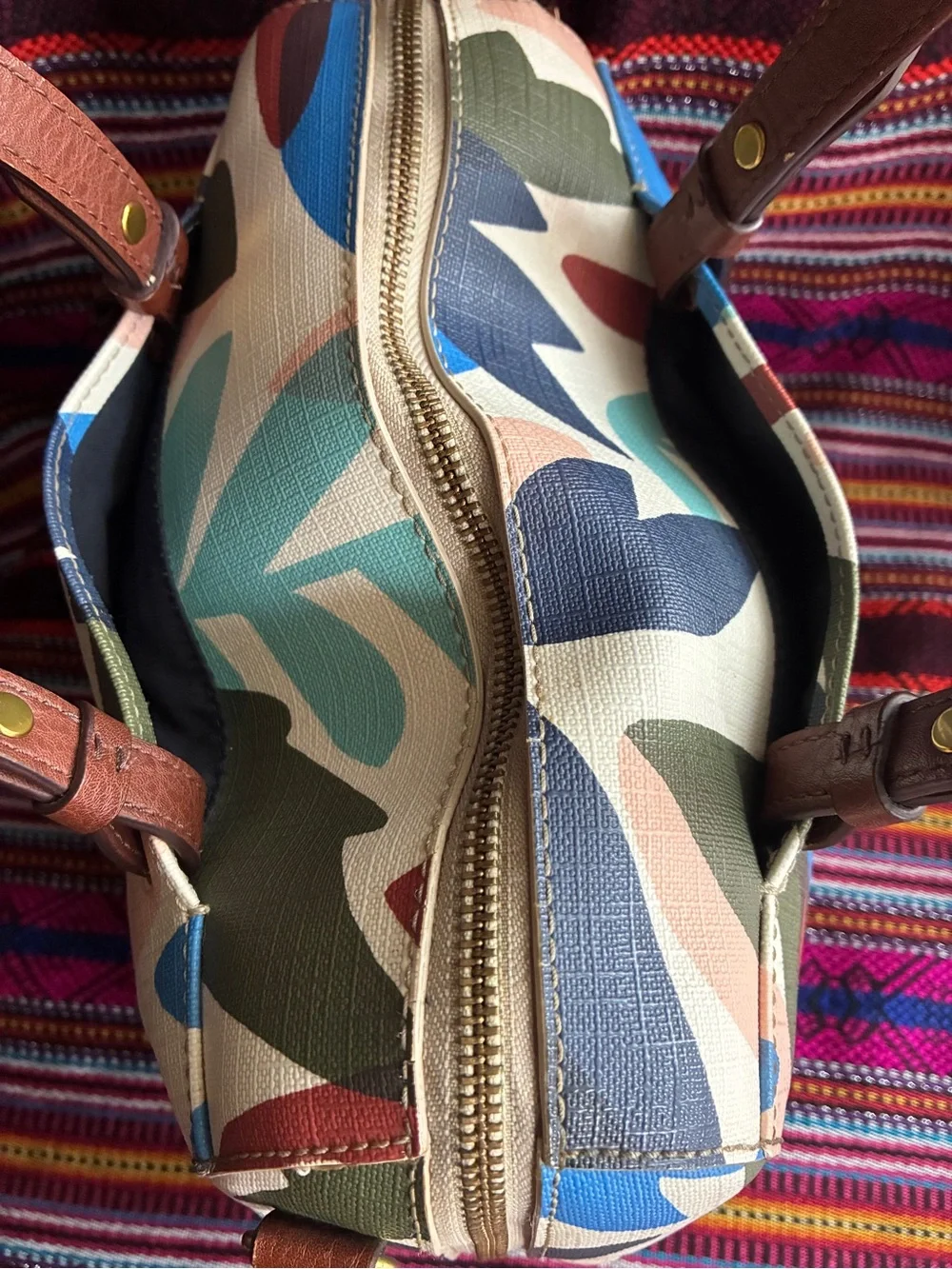 Fossil Multicolor Leaf-Print Satchel with Brown Trim